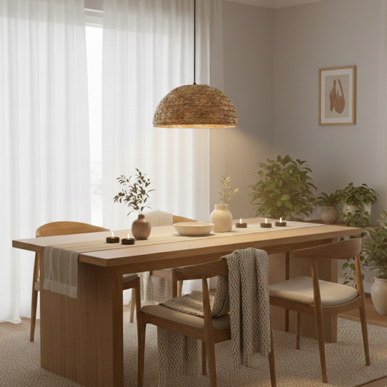 Bijzonder detail van de bruine Nature Treccia hanglamp. Deze bohemian lamp voegt warmte en karakter toe aan elke ruimte.