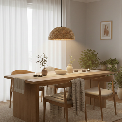 Bijzonder detail van de bruine Nature Treccia hanglamp. Deze bohemian lamp voegt warmte en karakter toe aan elke ruimte.