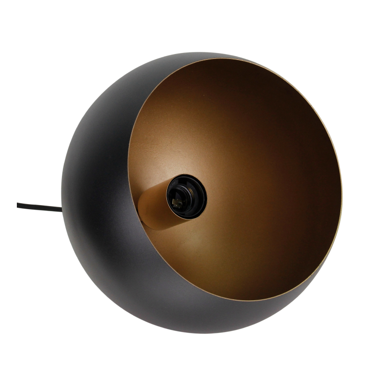 Detail van de moderne tafellamp Occhio in zwart met gouden accenten. Perfect voor een chique sfeer in je interieur.