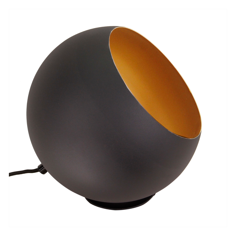 Een gedetailleerde opname van de zwarte Occhio tafellamp met gouden accenten. Perfect voor een modern interieur.