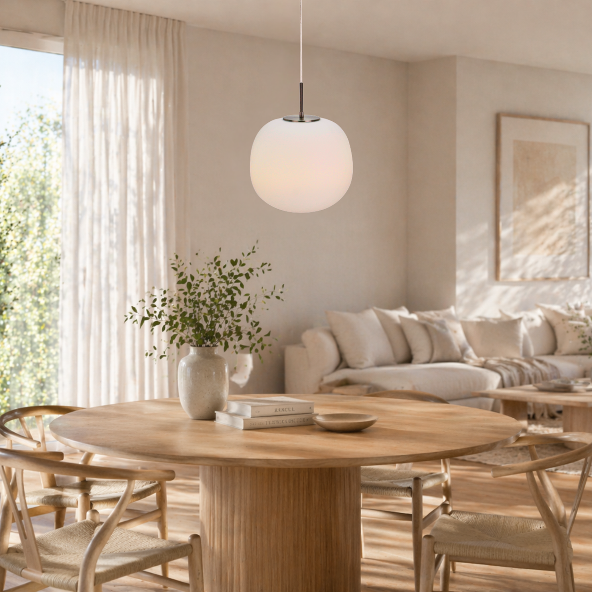 De Opalino hanglamp straalt elegantie uit met zijn witte afwerking. Perfect voor een sfeervolle ambiance boven de eettafel.