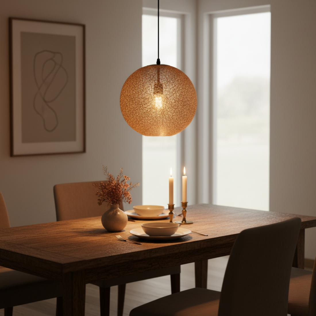 De gouden Rolo hanglamp straalt moderne elegantie uit in elke ruimte. Perfect voor een sfeervolle ambiance boven de eettafel.