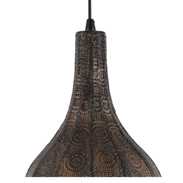 Een gedetailleerde close-up van de Rolo hanglamp in zwart. Deze klassieke lamp voegt tijdloze charme toe aan uw interieur.