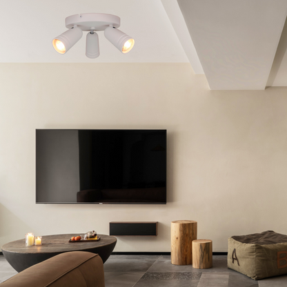 De detailfoto van de witte Spero plafondlamp benadrukt de strakke afwerking. Een industrieel ontwerp voor moderne ruimtes.