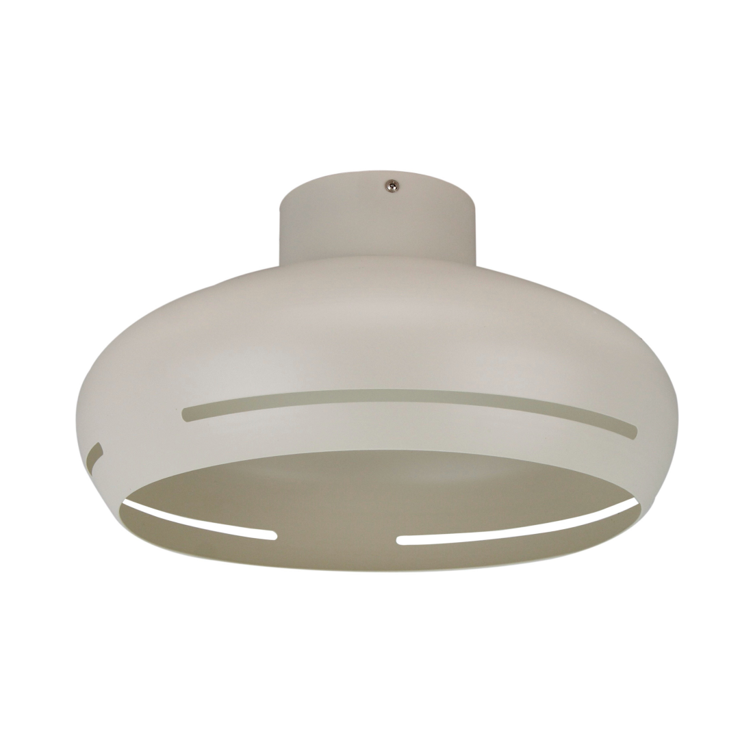 Dichtbijview van de moderne witte Striscia plafondlamp. Een frisse aanwinst voor elke eigentijdse ruimte.