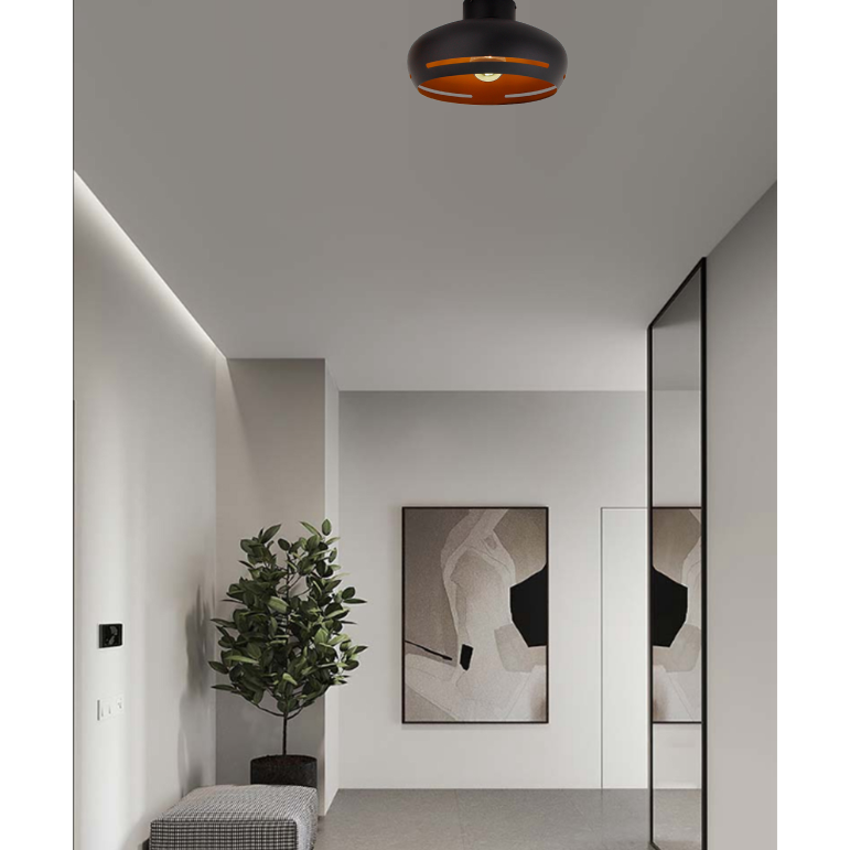 A striking black ceiling light with a touch of gold, perfect for modern interiors. Elevates the ambiance effortlessly.