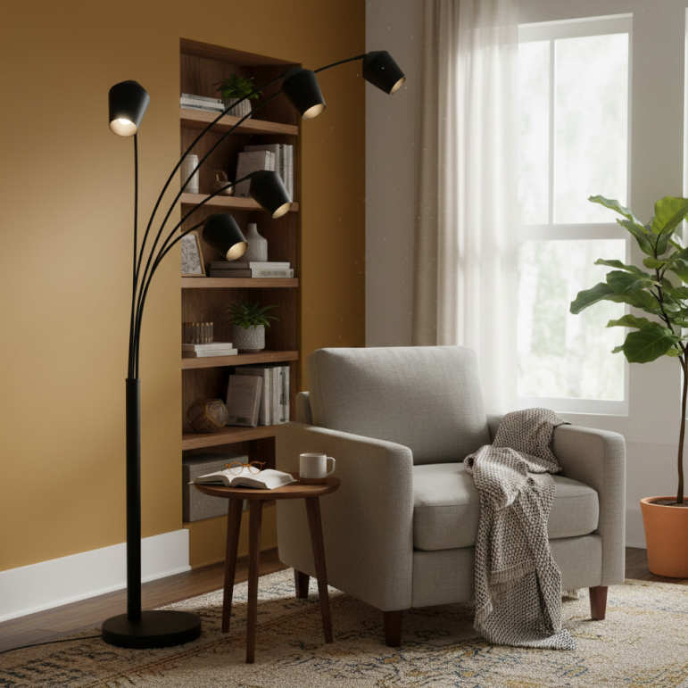 The black Tavola floor lamp adds a modern touch to any room. Its height and sleek design create an inviting atmosphere.
