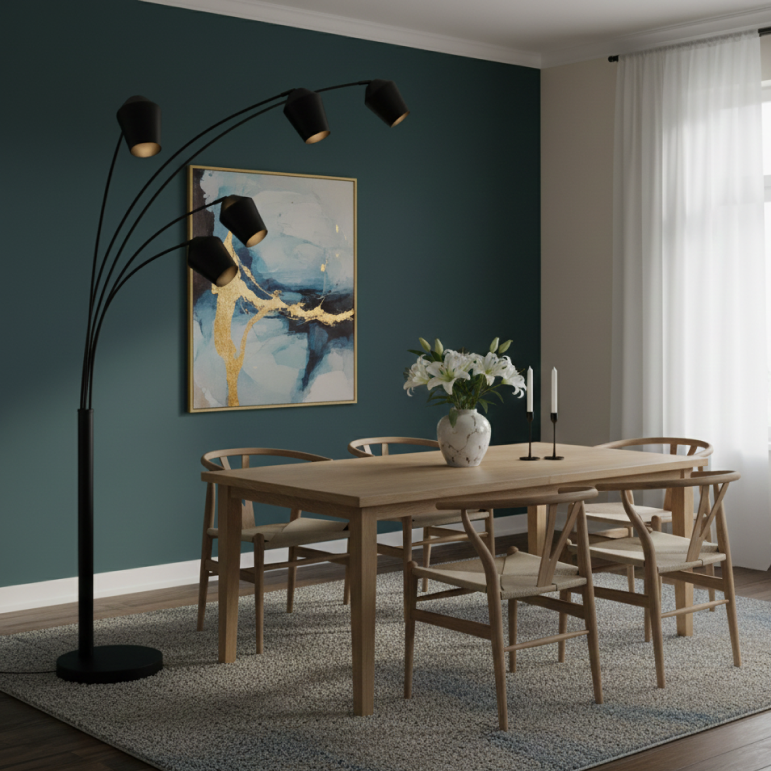 Discover the sleek black Tavola floor lamp, rising 203 cm. Its modern design adds sophistication to any room.