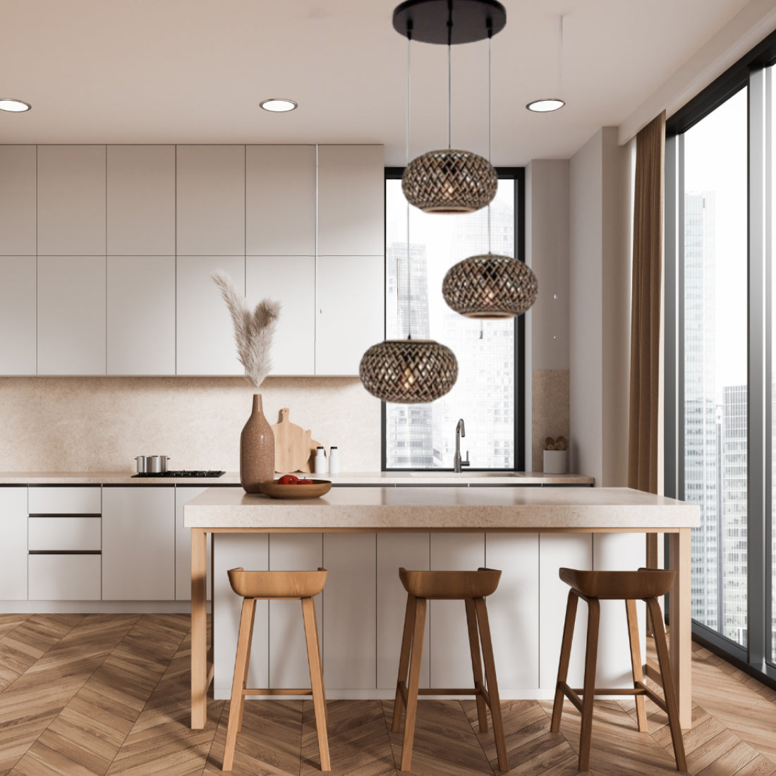 Gezellige sfeerfoto van de bruine Weaving hanglamp in landelijke stijl. Deze lamp brengt warmte en karakter in je interieur.