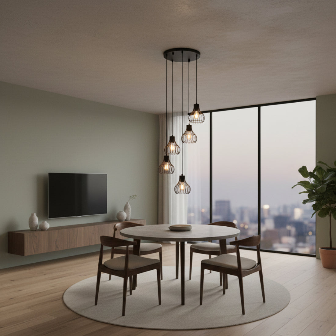 De Goccia hanglamp met vijf zwarte kappen heeft een moderne uitstraling. Perfect voor een eigentijdse sfeer in elke ruimte.