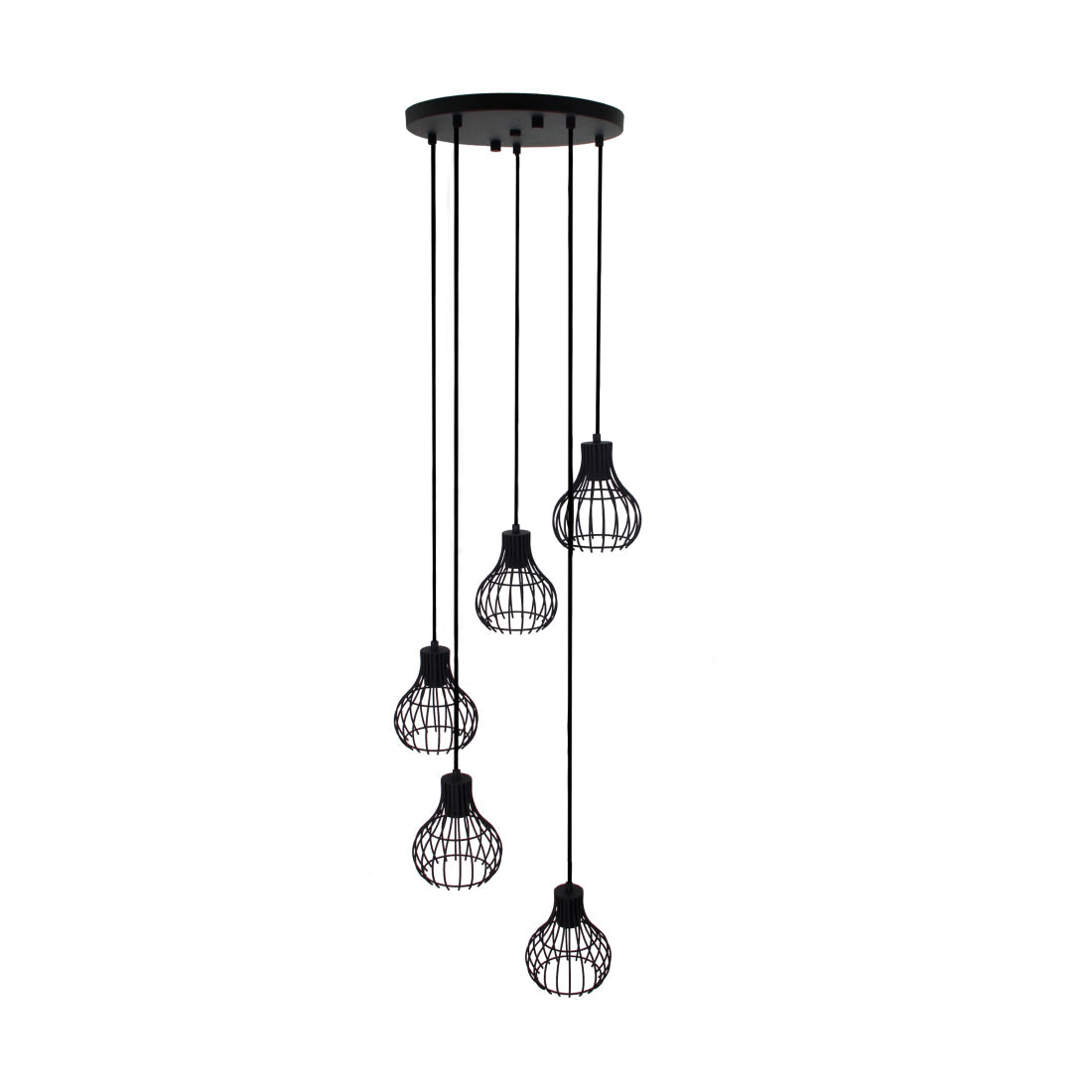 Deze detailfoto toont de moderne Goccia hanglamp in zwart met vijf lichtpunten. Een eyecatcher voor elke ruimte.