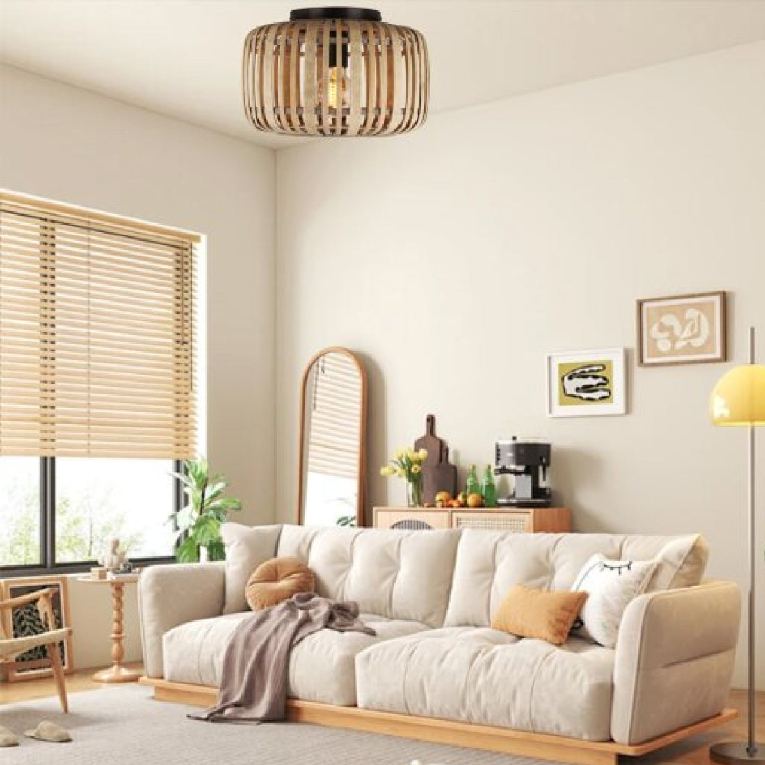 Detail van de bruine Rattan plafondlamp met E27 fitting.