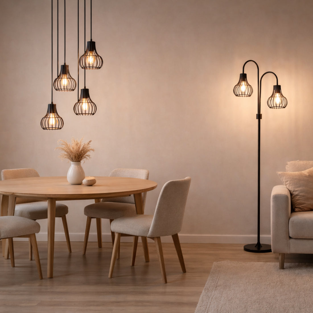 De zwart moderne Goccia vloerlamp met twee armen straalt industriële charme uit. Perfect voor een trendy woonkamer.