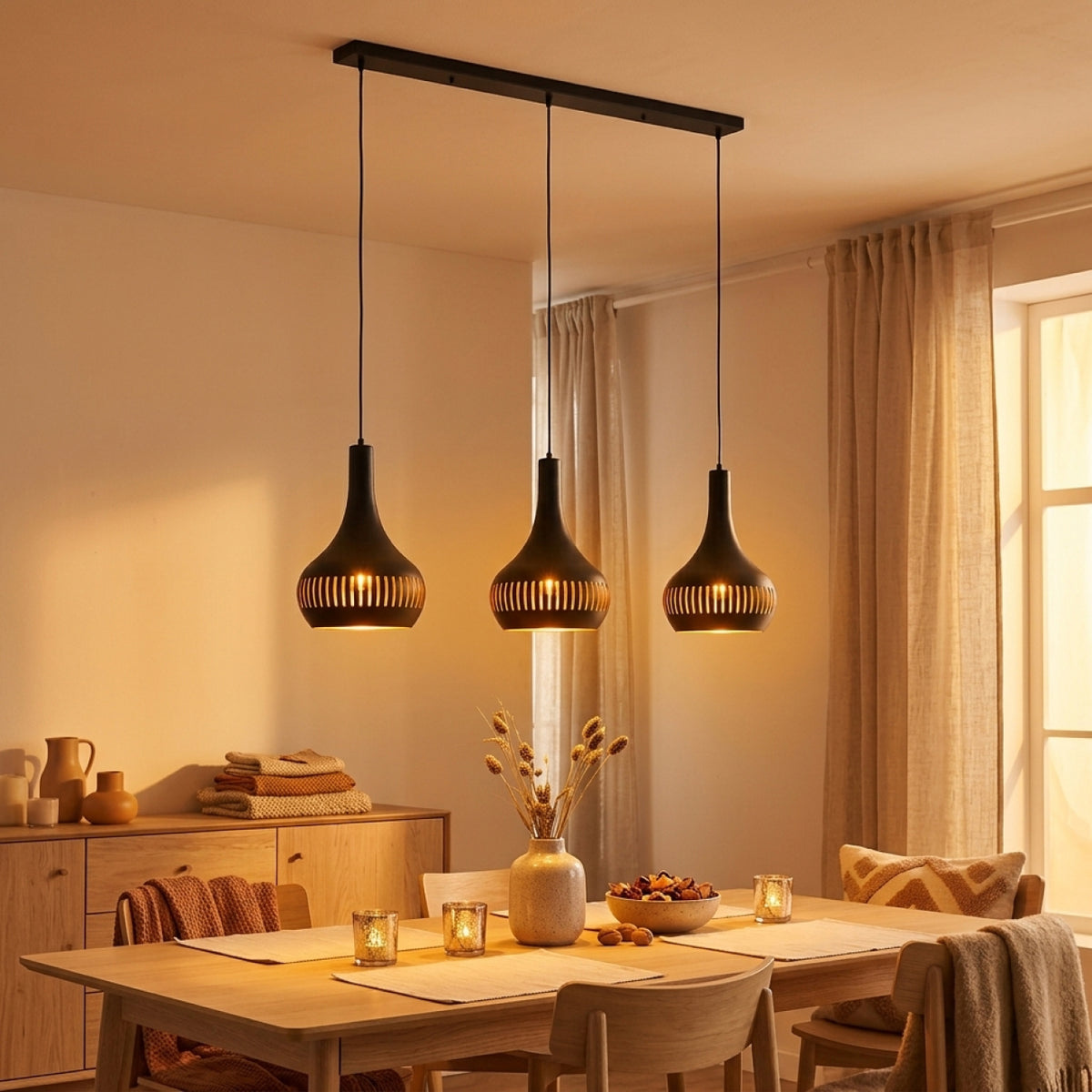 De moderne zwarte Canna hanglamp van metaal brengt elegantie in je interieur. Perfect voor een sfeervolle ambiance.