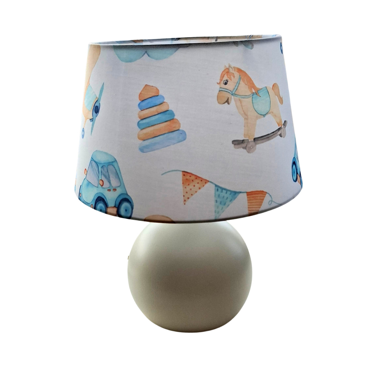 Chique Cars tafellamp in gebroken wit en blauw met gouden accenten. Perfect voor een retro-modern interieur met stijl.