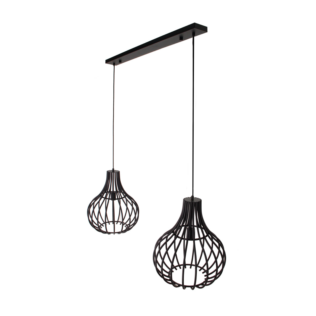 Gedetailleerde close-up van de zwarte hanglamp Goccia. Het unieke draaddesign voegt een moderne flair toe aan je interieur.