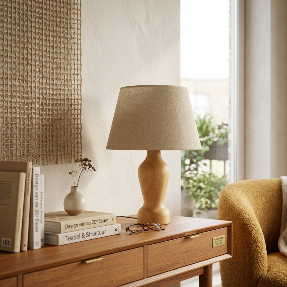 De zandkleurige Mona tafellamp straalt rust uit in een Japandi-interieur. Perfect voor een sfeervolle leeshoek.