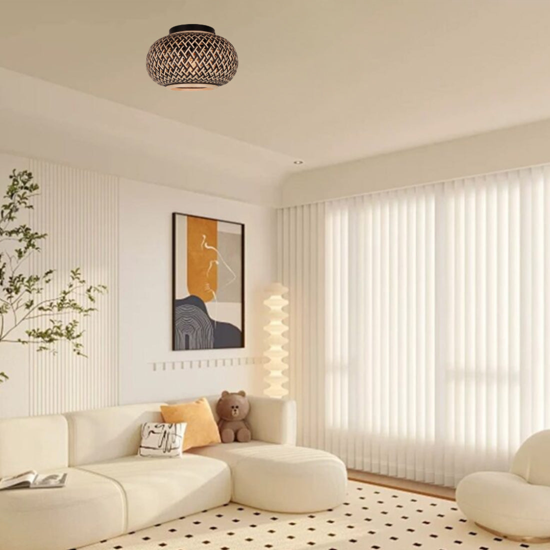 Een gedetailleerde kijk op de natuurlijke Weaving plafondlamp. Perfect voor een warme, moderne ambiance in huis.