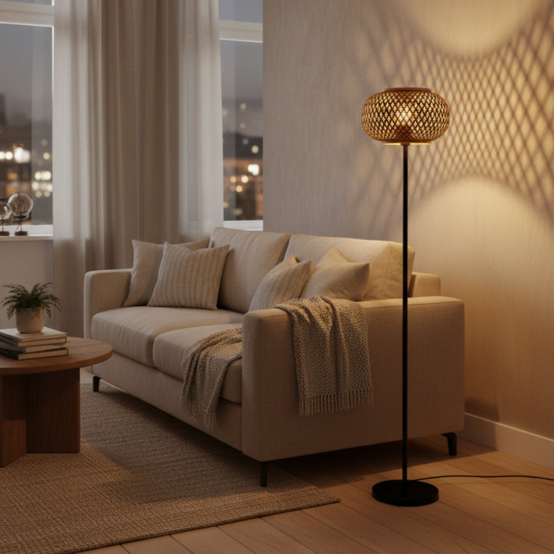De zwarte Weaving vloerlamp straalt een warme sfeer uit in je interieur. Perfect voor knusse avonden naast de bank.