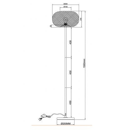 De zwarte Weaving vloerlamp toont zijn unieke structuur in deze gedetailleerde opname.